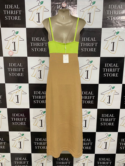 GINIA |S| BUST 15| A60| LIME & CAMEL COLORBLOCK CUTOUT TECHNICAL UTILITY MAXI DRESS