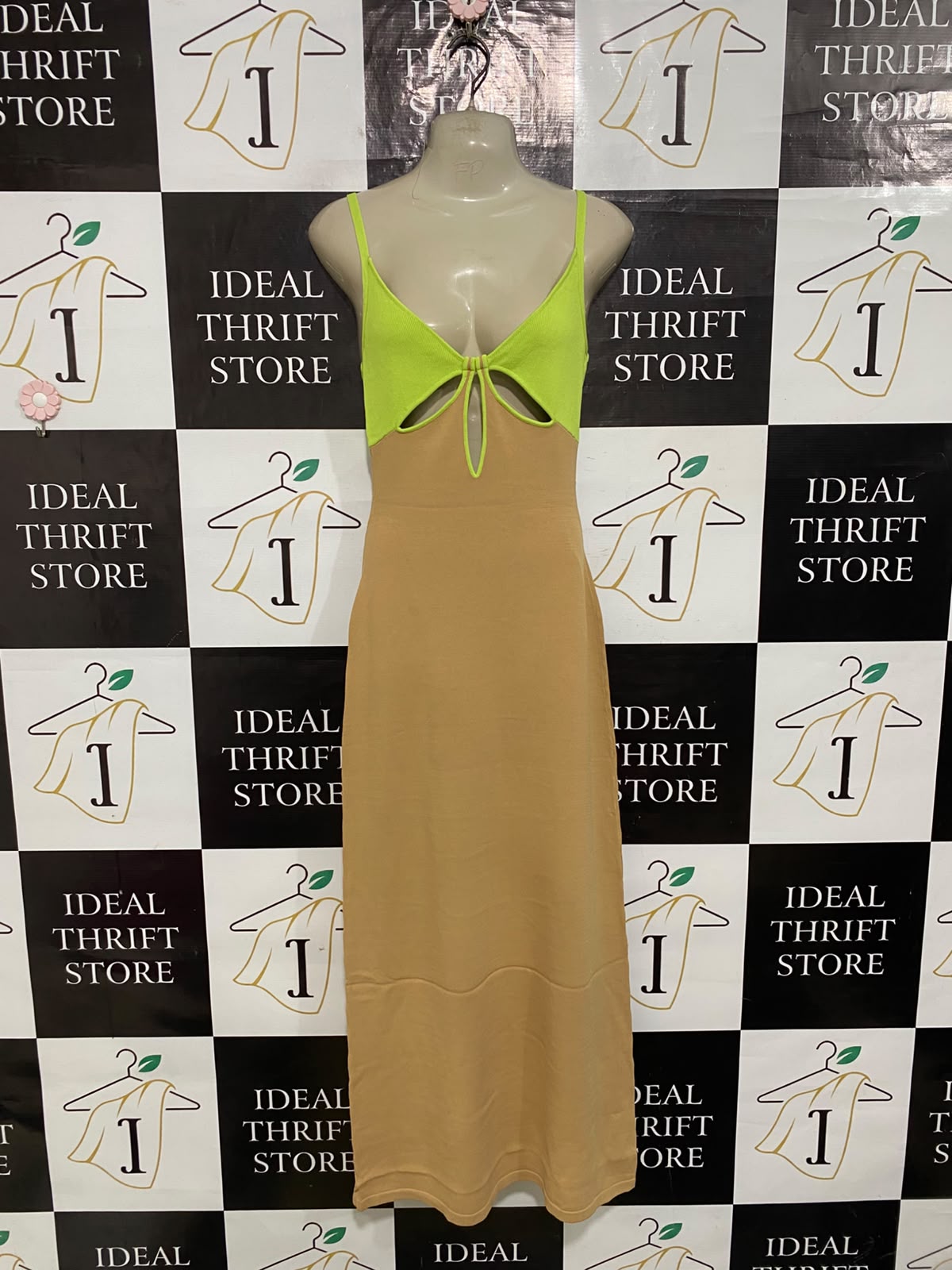 GINIA |S| BUST 15| A60| LIME & CAMEL COLORBLOCK CUTOUT TECHNICAL UTILITY MAXI DRESS