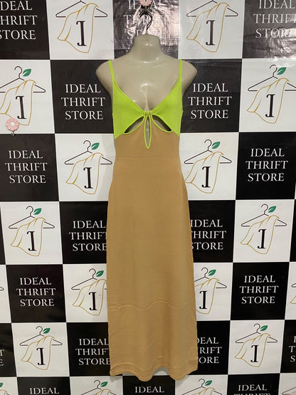 GINIA |S| BUST 15| A60| LIME & CAMEL COLORBLOCK CUTOUT TECHNICAL UTILITY MAXI DRESS