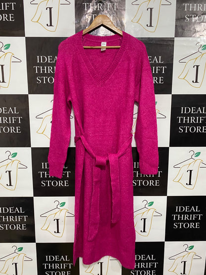 ANKO |M| BUST 19| A60| HOT PINK BELTED METALLIC KNIT TECHNICAL UTILITY MAXI DRESS