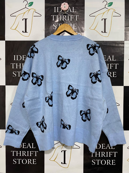 DAZIE |L| BUST 27| A60| LIGHT BLUE BUTTERFLY-PRINT TECHNICAL UTILITY CREWNECK SWEATER