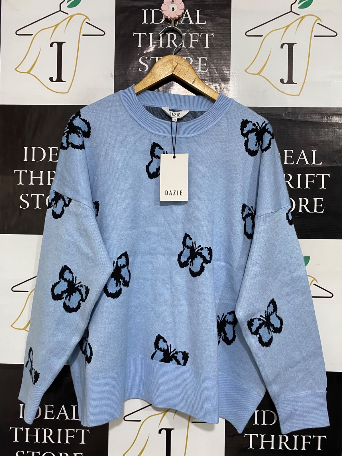 DAZIE |L| BUST 27| A60| LIGHT BLUE BUTTERFLY-PRINT TECHNICAL UTILITY CREWNECK SWEATER