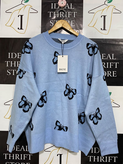 DAZIE |L| BUST 27| A60| LIGHT BLUE BUTTERFLY-PRINT TECHNICAL UTILITY CREWNECK SWEATER