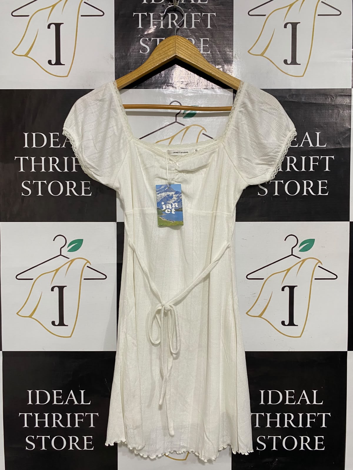 JANET STUDIO |M| BUST 14| A60| OFF-WHITE SQUARE-NECK TECHNICAL UTILITY MINI DRESS