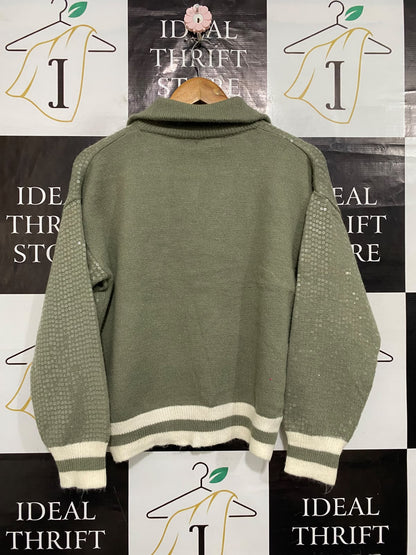 MIRACLE |S/M| BUST 21| A60| SAGE GREEN SEQUIN-EMBELLISHED QUARTER-ZIP TECHNICAL UTILITY SWEATER