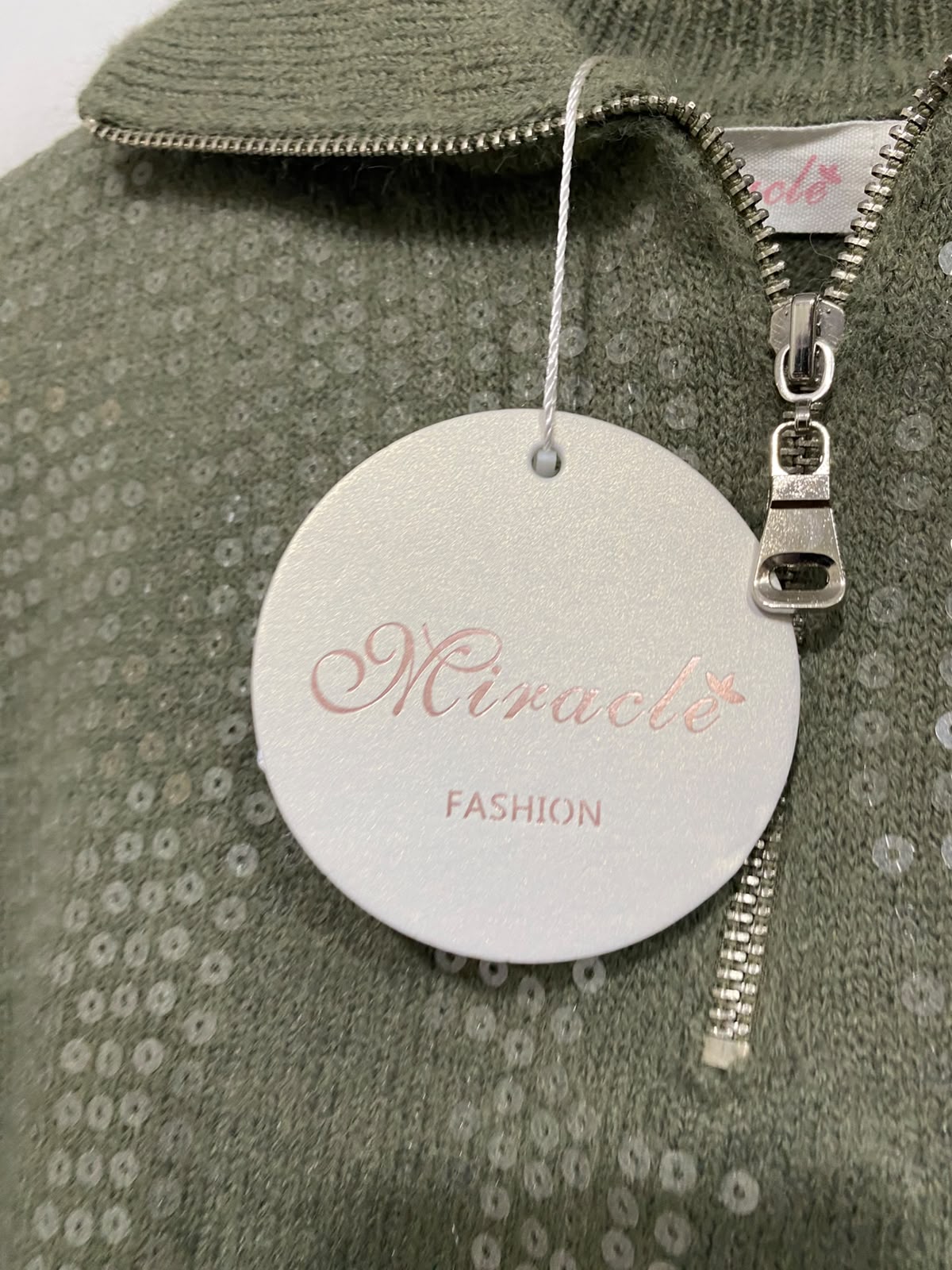 MIRACLE |S/M| BUST 21| A60| SAGE GREEN SEQUIN-EMBELLISHED QUARTER-ZIP TECHNICAL UTILITY SWEATER