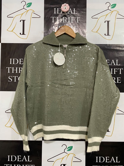 MIRACLE |S/M| BUST 21| A60| SAGE GREEN SEQUIN-EMBELLISHED QUARTER-ZIP TECHNICAL UTILITY SWEATER