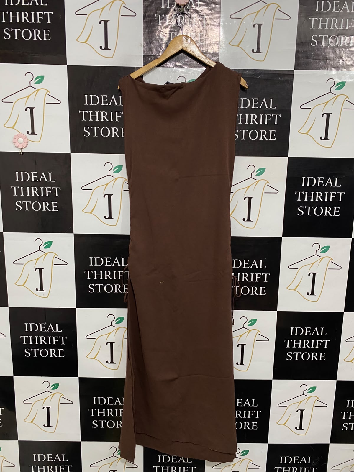 LIONESS |XL| BUST 18| A60| BROWN COWL-NECK SIDE-RUCHED TECHNICAL UTILITY MIDI DRESS