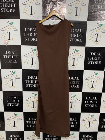 LIONESS |XL| BUST 18| A60| BROWN COWL-NECK SIDE-RUCHED TECHNICAL UTILITY MIDI DRESS