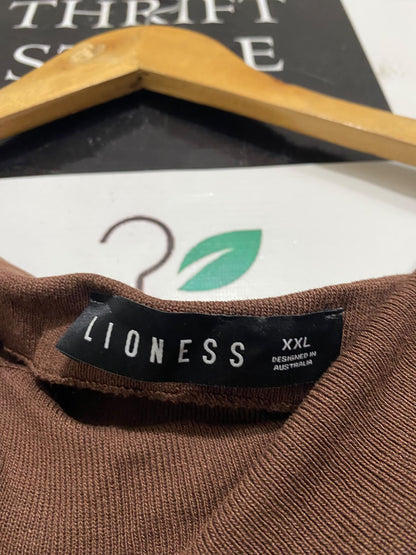 LIONESS |XL| BUST 18| A60| BROWN COWL-NECK SIDE-RUCHED TECHNICAL UTILITY MIDI DRESS