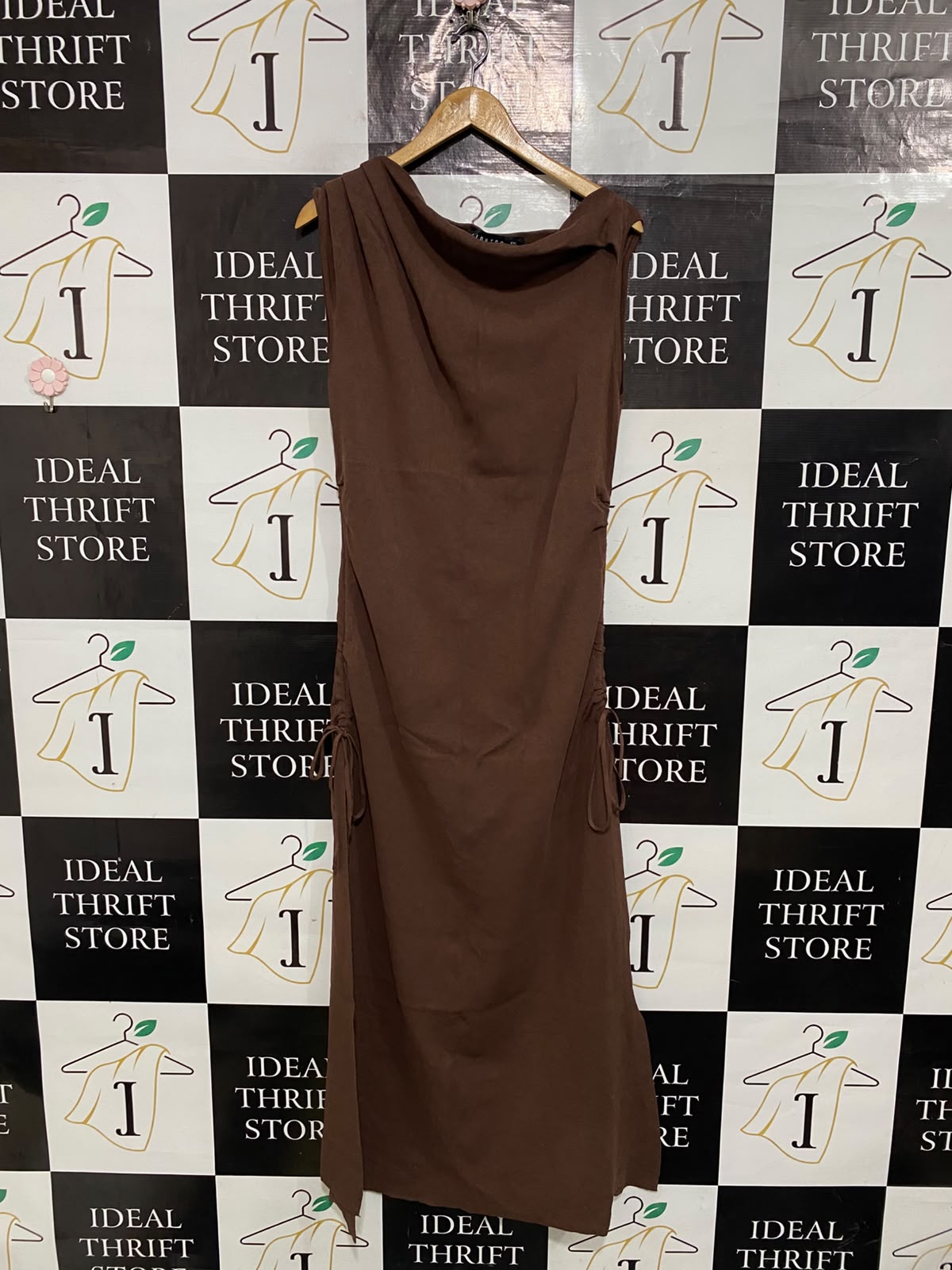 LIONESS |XL| BUST 18| A60| BROWN COWL-NECK SIDE-RUCHED TECHNICAL UTILITY MIDI DRESS