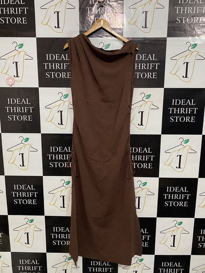 LIONESS |XL| BUST 18| A60| BROWN COWL-NECK SIDE-RUCHED TECHNICAL UTILITY MIDI DRESS