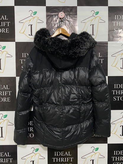 ZAVETTI CANADA |L| BUST 23| A60| BLACK GLOSSY PUFFER JACKET WITH FAUX-FUR HOOD TECHNICAL UTILITY PARKA