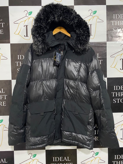 ZAVETTI CANADA |L| BUST 23| A60| BLACK GLOSSY PUFFER JACKET WITH FAUX-FUR HOOD TECHNICAL UTILITY PARKA