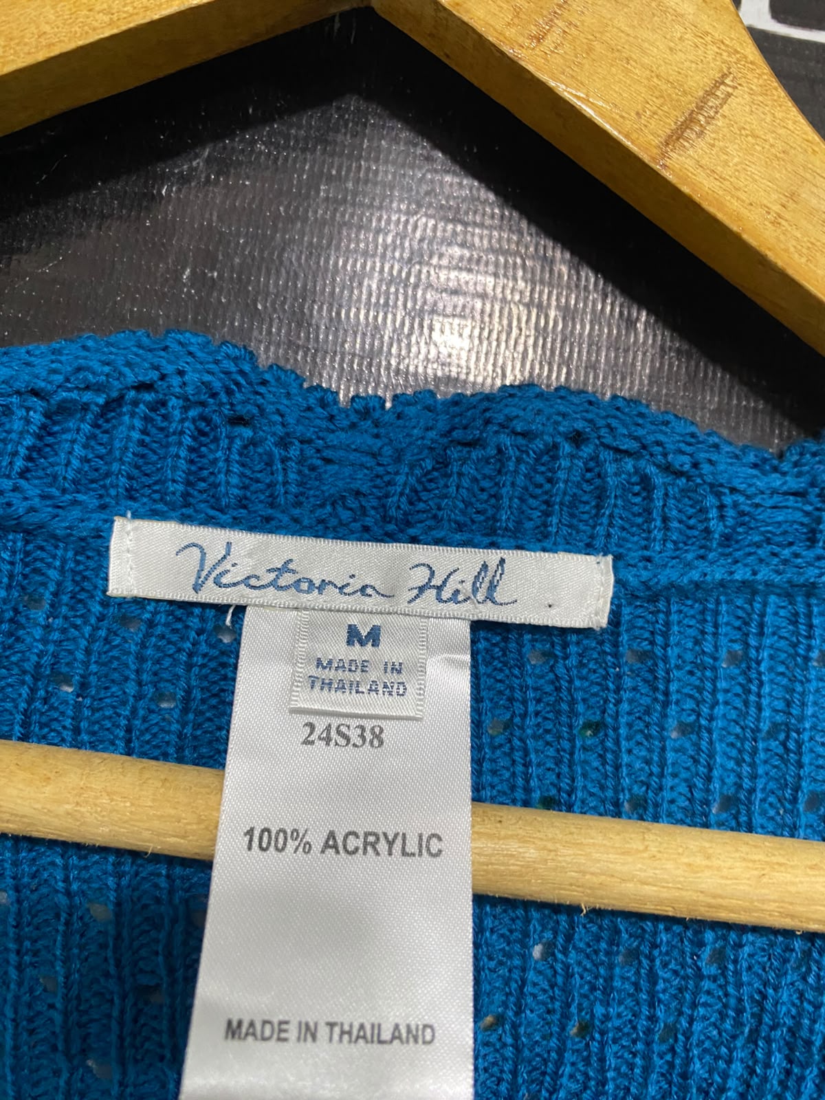 VICTORIC HILL |M| BUST 21| A60| BLUE BUTTON-FRONT OPEN-WORK KNIT TECHNICAL UTILITY CARDIGAN