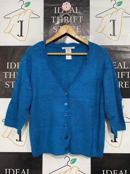 VICTORIC HILL |M| BUST 21| A60| BLUE BUTTON-FRONT OPEN-WORK KNIT TECHNICAL UTILITY CARDIGAN