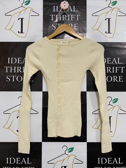 GLASSONS |S| BUST 11| A60| OFF-WHITE RIBBED ASYMMETRIC-BUTTON TECHNICAL UTILITY CARDIGAN