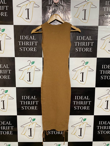 LIONESS |XS| BUST 12| A60| CAMEL RIBBED CREWNECK SIDE-RUCHED TECHNICAL UTILITY MIDI DRESS