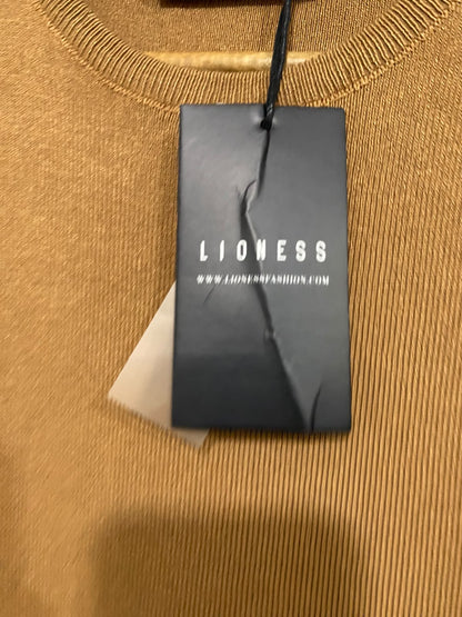 LIONESS |XS| BUST 12| A60| CAMEL RIBBED CREWNECK SIDE-RUCHED TECHNICAL UTILITY MIDI DRESS