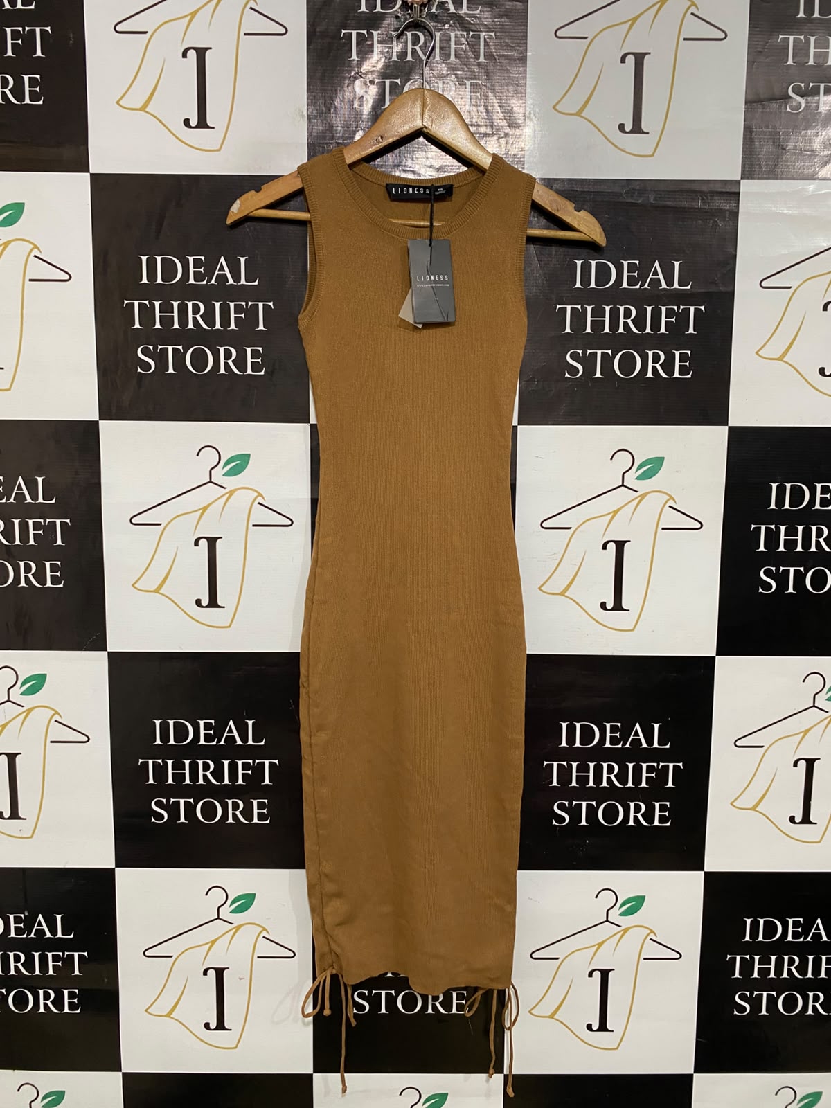 LIONESS |XS| BUST 12| A60| CAMEL RIBBED CREWNECK SIDE-RUCHED TECHNICAL UTILITY MIDI DRESS