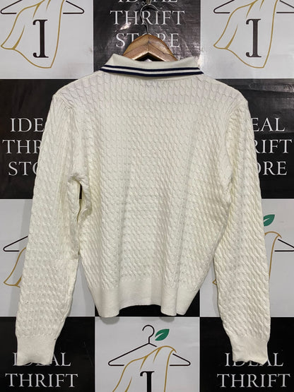 MIU MIU |L| BUST 20| A60| OFF-WHITE CABLE-KNIT STRIPED COLLAR TECHNICAL UTILITY POLO SWEATER