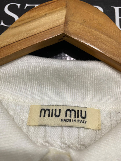 MIU MIU |L| BUST 20| A60| OFF-WHITE CABLE-KNIT STRIPED COLLAR TECHNICAL UTILITY POLO SWEATER