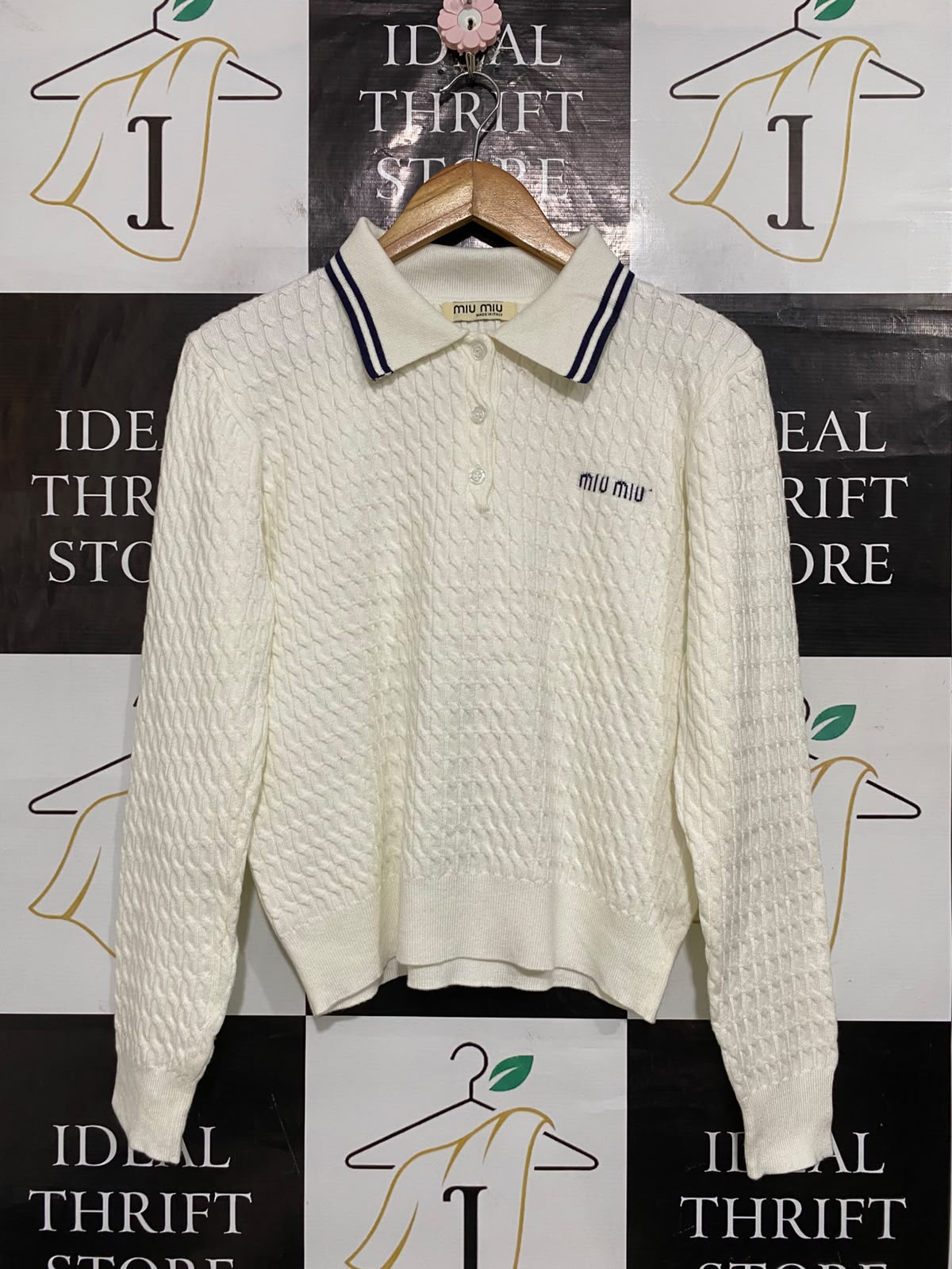 MIU MIU |L| BUST 20| A60| OFF-WHITE CABLE-KNIT STRIPED COLLAR TECHNICAL UTILITY POLO SWEATER