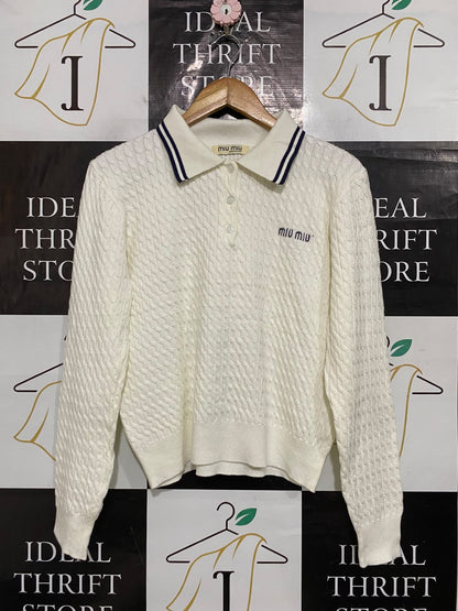 MIU MIU |L| BUST 20| A60| OFF-WHITE CABLE-KNIT STRIPED COLLAR TECHNICAL UTILITY POLO SWEATER