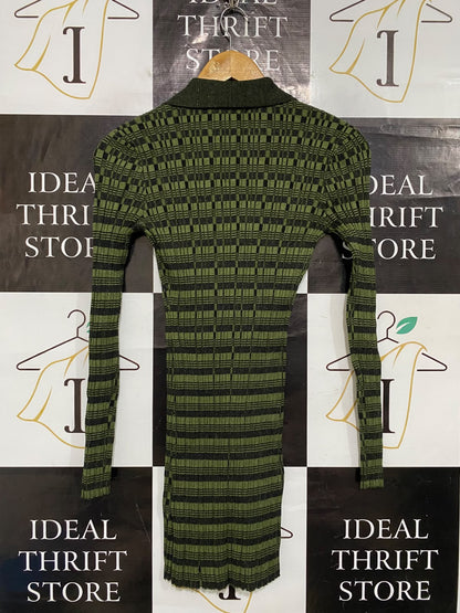STYLE ADDICT |S| BUST 13| A60| OLIVE GREEN CHECKERED-STRIPE BUTTON-FRONT TECHNICAL UTILITY POLO DRESS