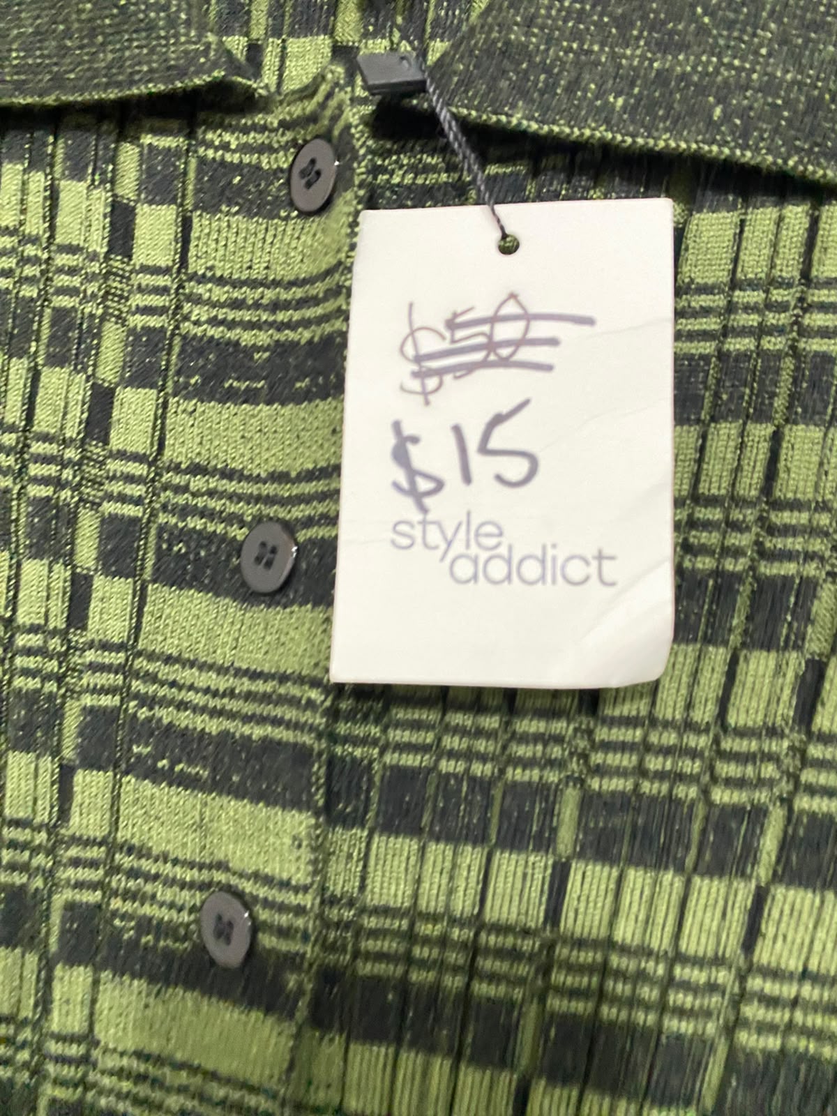STYLE ADDICT |S| BUST 13| A60| OLIVE GREEN CHECKERED-STRIPE BUTTON-FRONT TECHNICAL UTILITY POLO DRESS