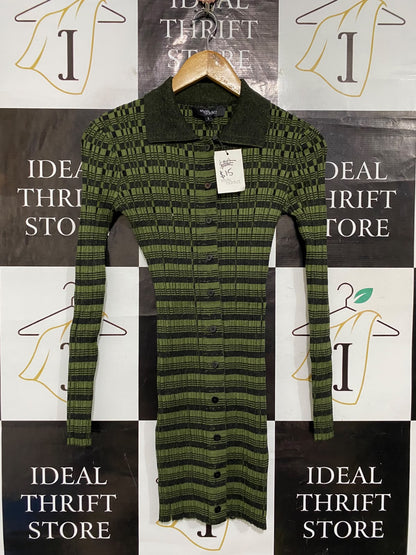 STYLE ADDICT |S| BUST 13| A60| OLIVE GREEN CHECKERED-STRIPE BUTTON-FRONT TECHNICAL UTILITY POLO DRESS