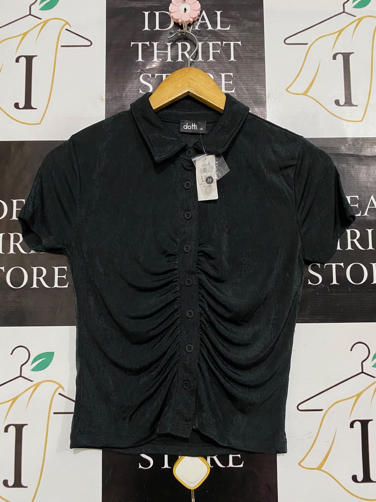 DOTTI |XS| BUST 16| A60| BLACK FRONT-RUCHED BUTTON-UP TECHNICAL UTILITY POLO TOP