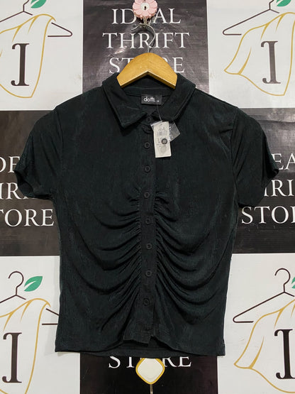 DOTTI |XS| BUST 16| A60| BLACK FRONT-RUCHED BUTTON-UP TECHNICAL UTILITY POLO TOP