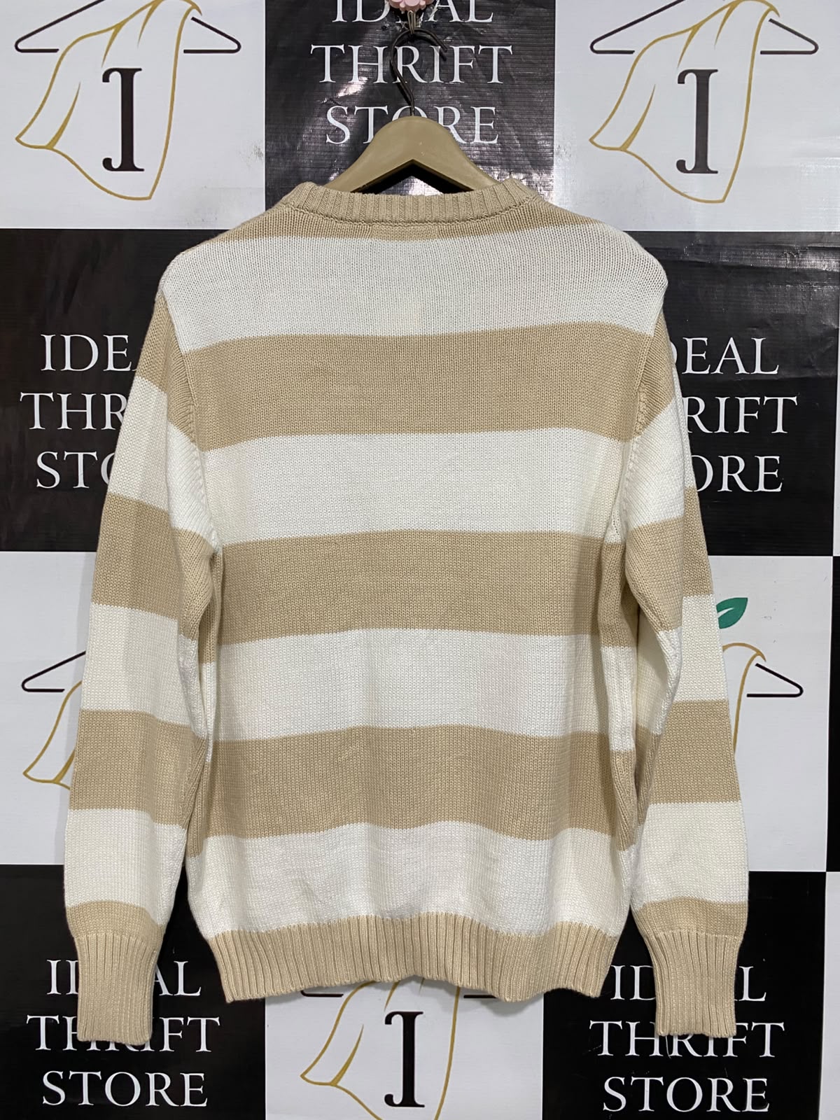 GLASSONS |XS| BUST 21| A60| CAMEL AND WHITE STRIPED CREWNECK TECHNICAL UTILITY SWEATER