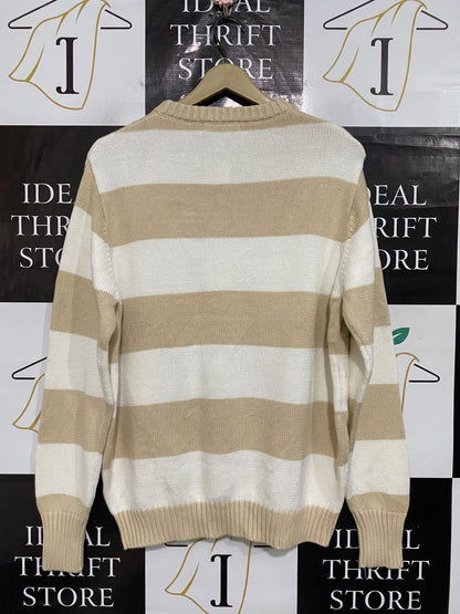 GLASSONS |XS| BUST 21| A60| CAMEL AND WHITE STRIPED CREWNECK TECHNICAL UTILITY SWEATER
