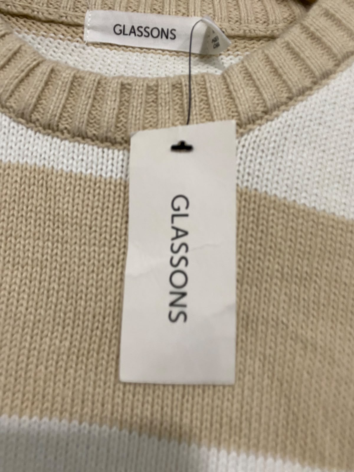GLASSONS |XS| BUST 21| A60| CAMEL AND WHITE STRIPED CREWNECK TECHNICAL UTILITY SWEATER