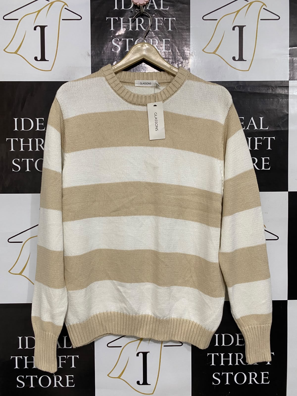 GLASSONS |XS| BUST 21| A60| CAMEL AND WHITE STRIPED CREWNECK TECHNICAL UTILITY SWEATER
