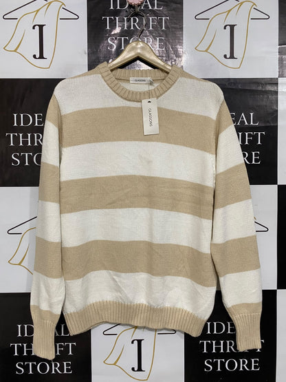 GLASSONS |XS| BUST 21| A60| CAMEL AND WHITE STRIPED CREWNECK TECHNICAL UTILITY SWEATER
