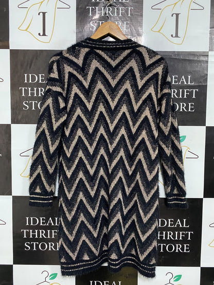 HQ |L| BUST 21| A60| BLACK AND CAMEL CHEVRON-PATTERN OPEN-FRONT TECHNICAL UTILITY LONG CARDIGAN