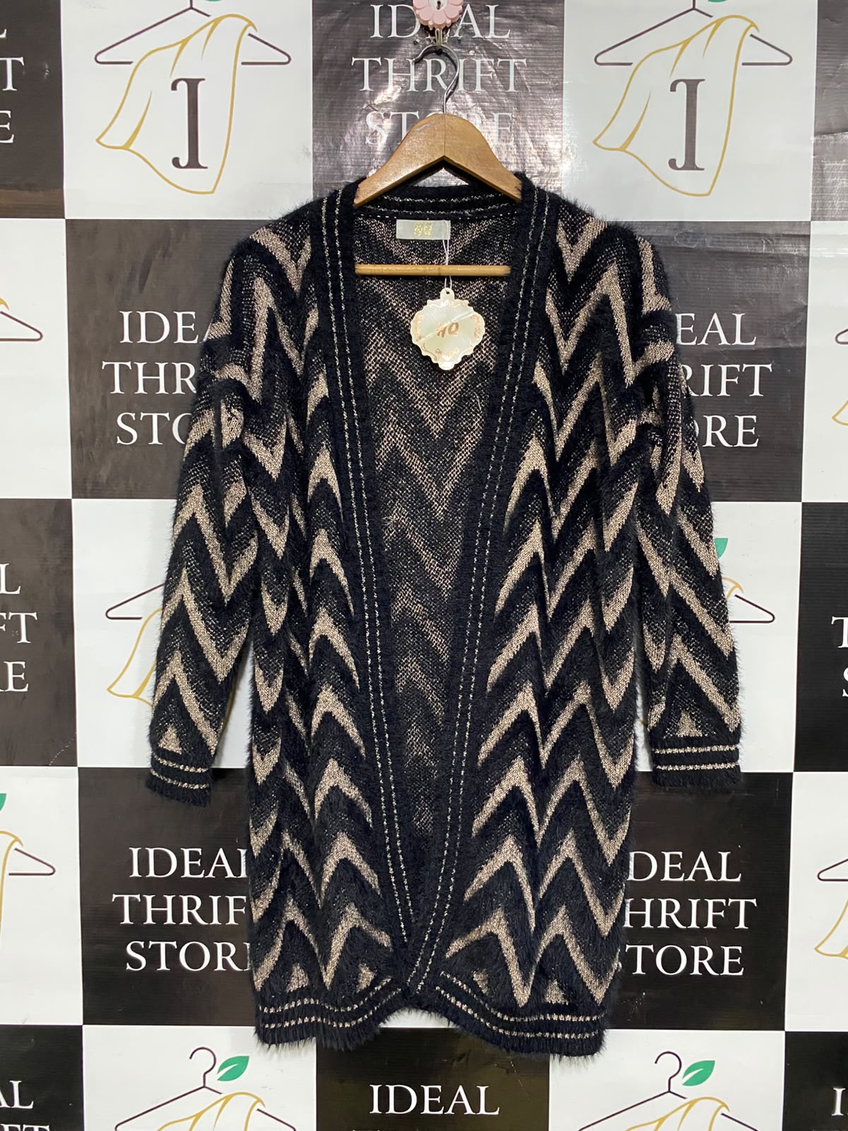 HQ |L| BUST 21| A60| BLACK AND CAMEL CHEVRON-PATTERN OPEN-FRONT TECHNICAL UTILITY LONG CARDIGAN