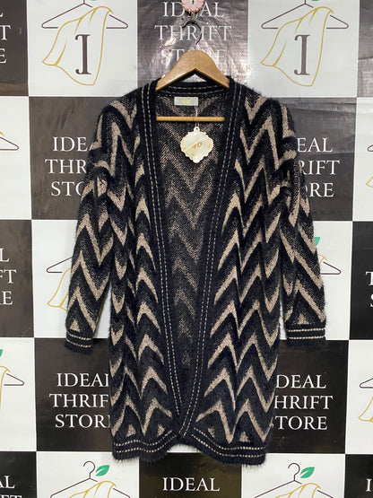 HQ |L| BUST 21| A60| BLACK AND CAMEL CHEVRON-PATTERN OPEN-FRONT TECHNICAL UTILITY LONG CARDIGAN