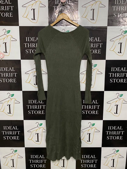 ANKO |S| BUST 14| A60| OLIVE GREEN RIBBED SQUARE-NECK LONG-SLEEVE TECHNICAL UTILITY MIDI DRESS