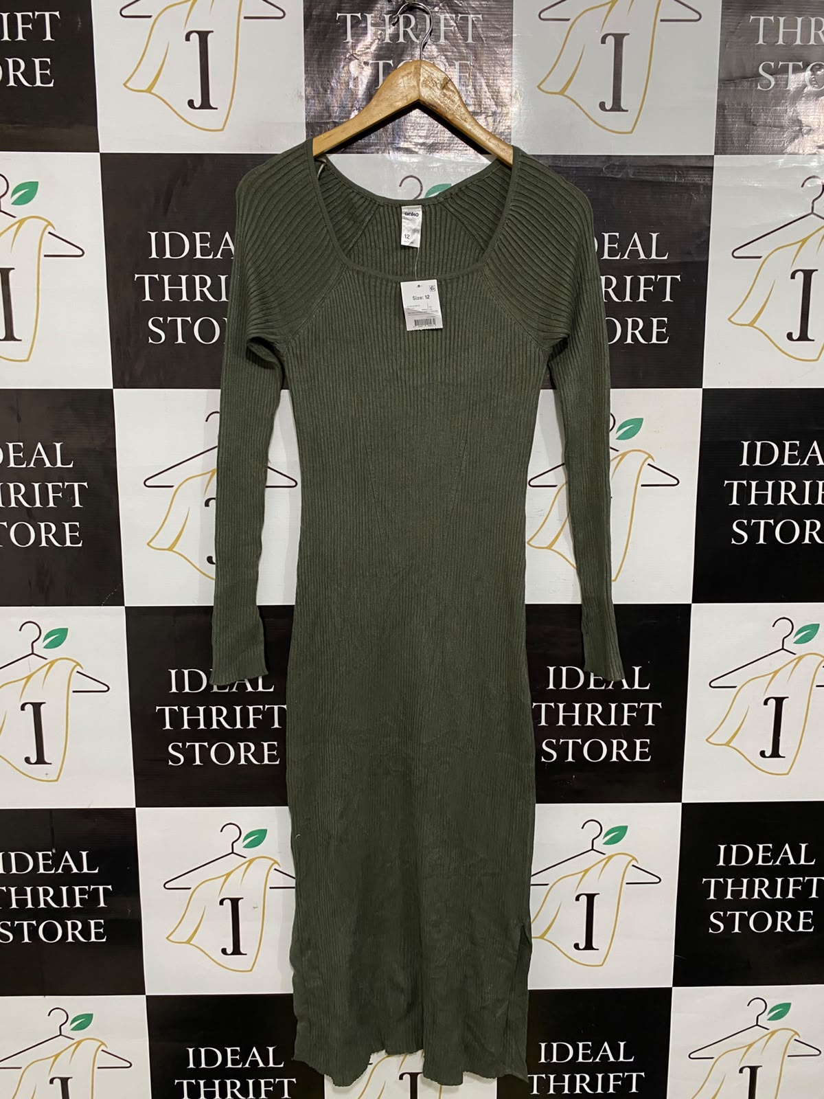 ANKO |S| BUST 14| A60| OLIVE GREEN RIBBED SQUARE-NECK LONG-SLEEVE TECHNICAL UTILITY MIDI DRESS