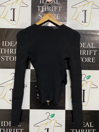 ATMOS & HERE |S| BUST 13| A60| BLACK WRAP-FRONT RIBBED LONG-SLEEVE TECHNICAL UTILITY TOP