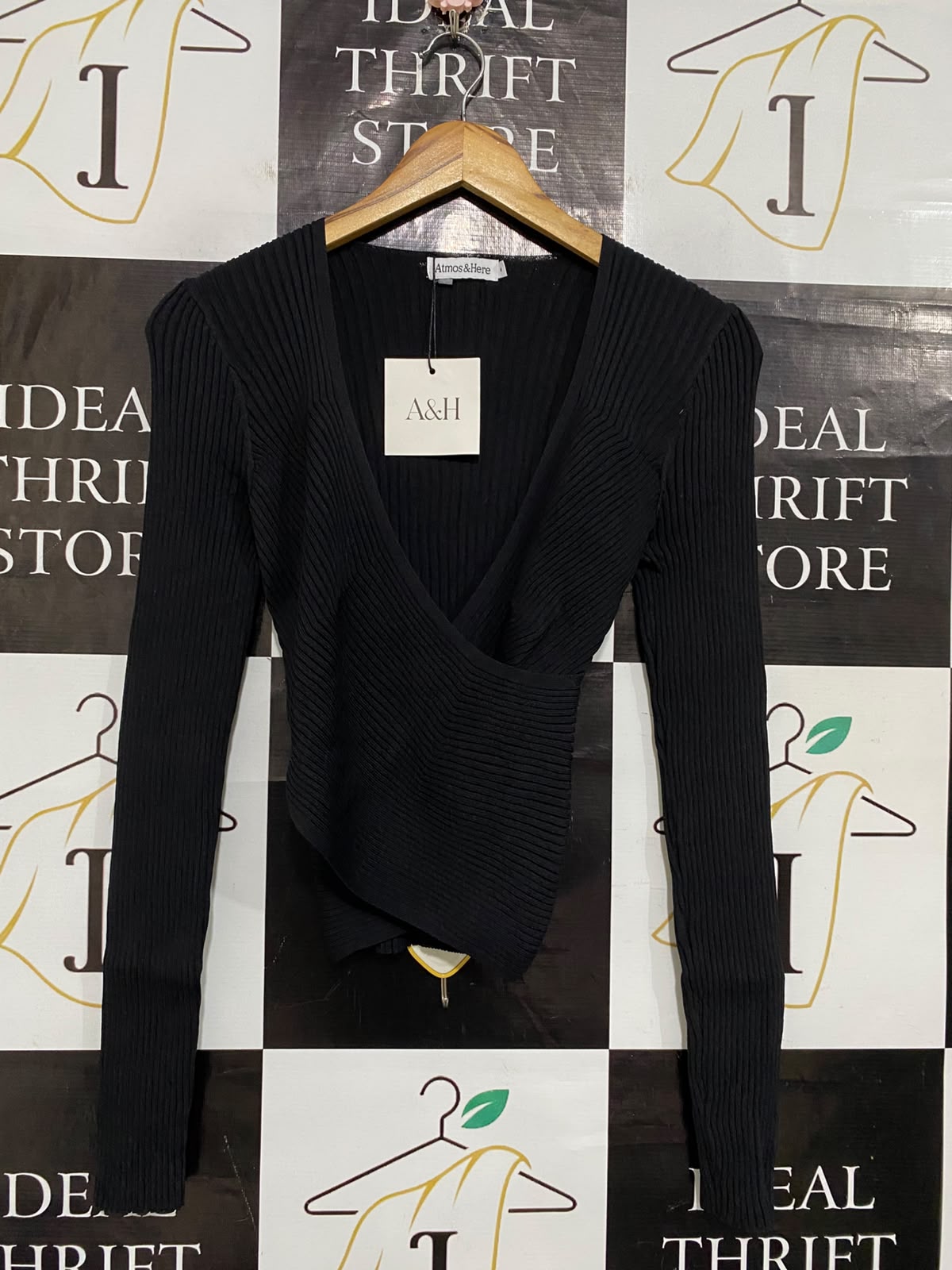 ATMOS & HERE |S| BUST 13| A60| BLACK WRAP-FRONT RIBBED LONG-SLEEVE TECHNICAL UTILITY TOP
