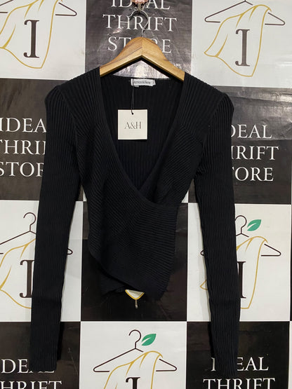 ATMOS & HERE |S| BUST 13| A60| BLACK WRAP-FRONT RIBBED LONG-SLEEVE TECHNICAL UTILITY TOP