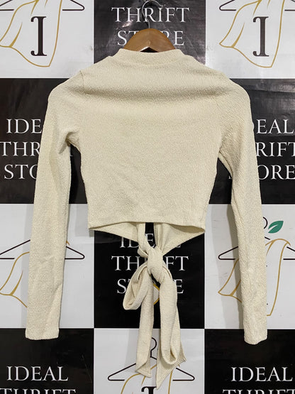 SHEIKE |XS| BUST 14| A60| OFF-WHITE CREWNECK FRONT-TIE LONG-SLEEVE TECHNICAL UTILITY CROP TOP