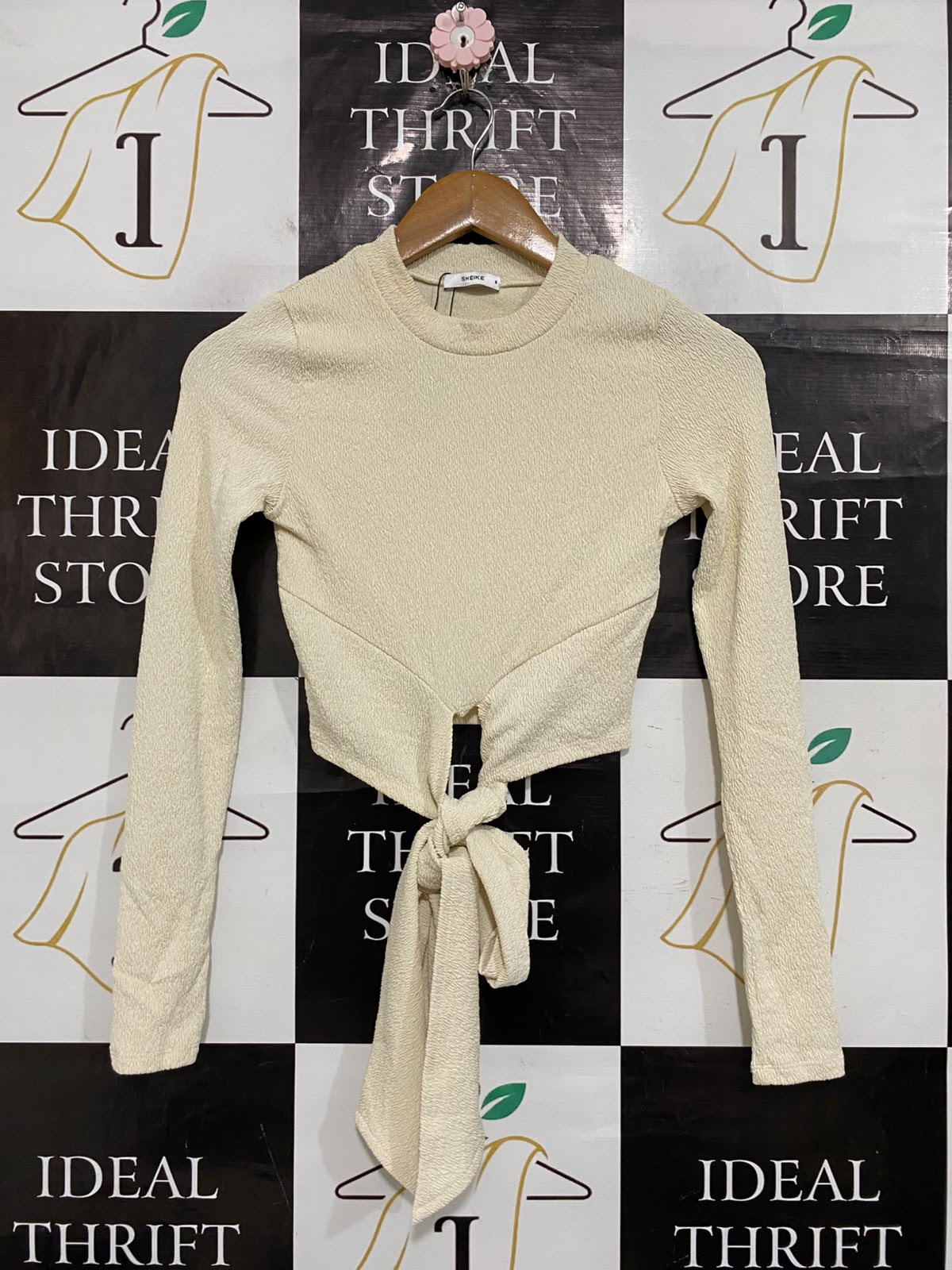 SHEIKE |XS| BUST 14| A60| OFF-WHITE CREWNECK FRONT-TIE LONG-SLEEVE TECHNICAL UTILITY CROP TOP