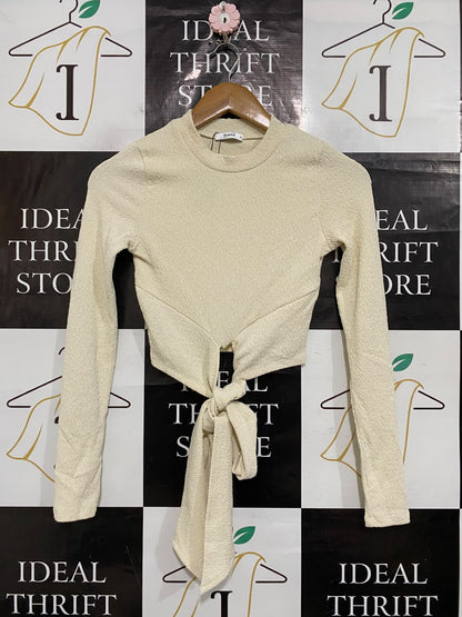SHEIKE |XS| BUST 14| A60| OFF-WHITE CREWNECK FRONT-TIE LONG-SLEEVE TECHNICAL UTILITY CROP TOP
