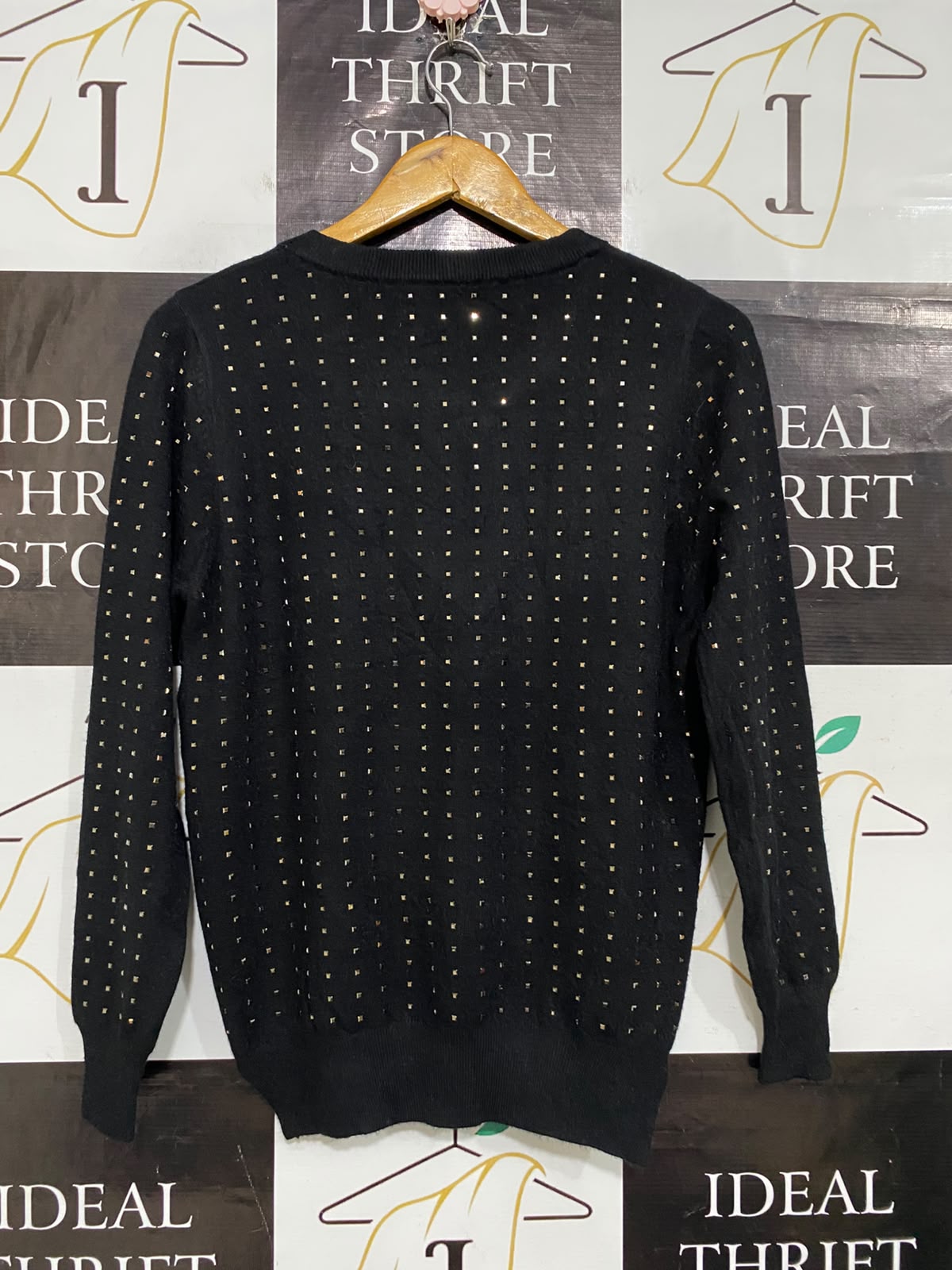 |M| BUST 18| A60|BLACK METALLIC-STUDDED CREWNECK TECHNICAL UTILITY SWEATER